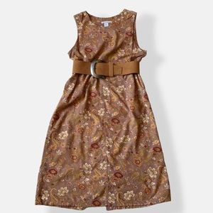 VINTAGE Cord Chore Dress Pinafore Midi Paisley Floral Neutral Grandma Chic M